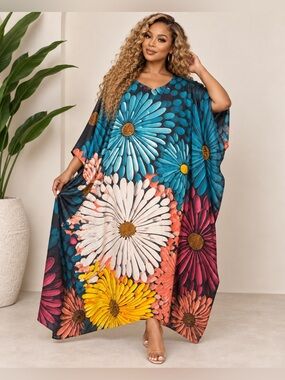 Floral Maxi Kaftan Dress - Teal Multi